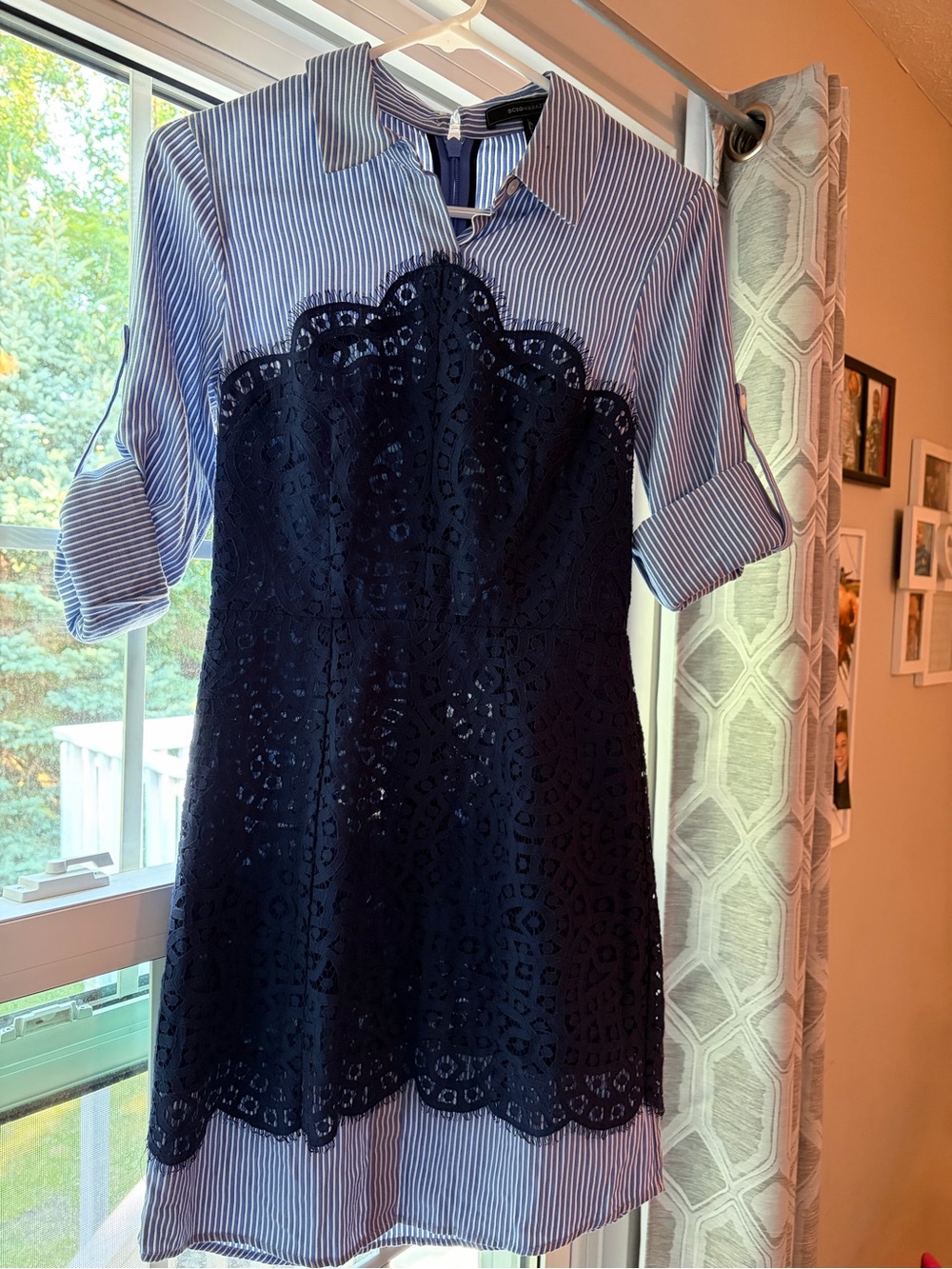 BCBGMaxAzria Navy-and-White Striped Shirt Dress with Black Lace Overlay